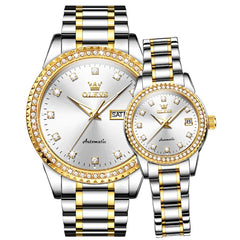 OLEVS 7003Q Diamond Bezel Automatic Couple Watch Set - Two Tone White Watch | Olevs Watch Store