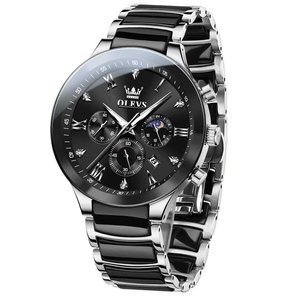 OLEVS 7004 Moon Phase Chronograph Watch Ceramic Link Bracelet Quartz Luxury Timepiece for Men - Olevs Watch Store