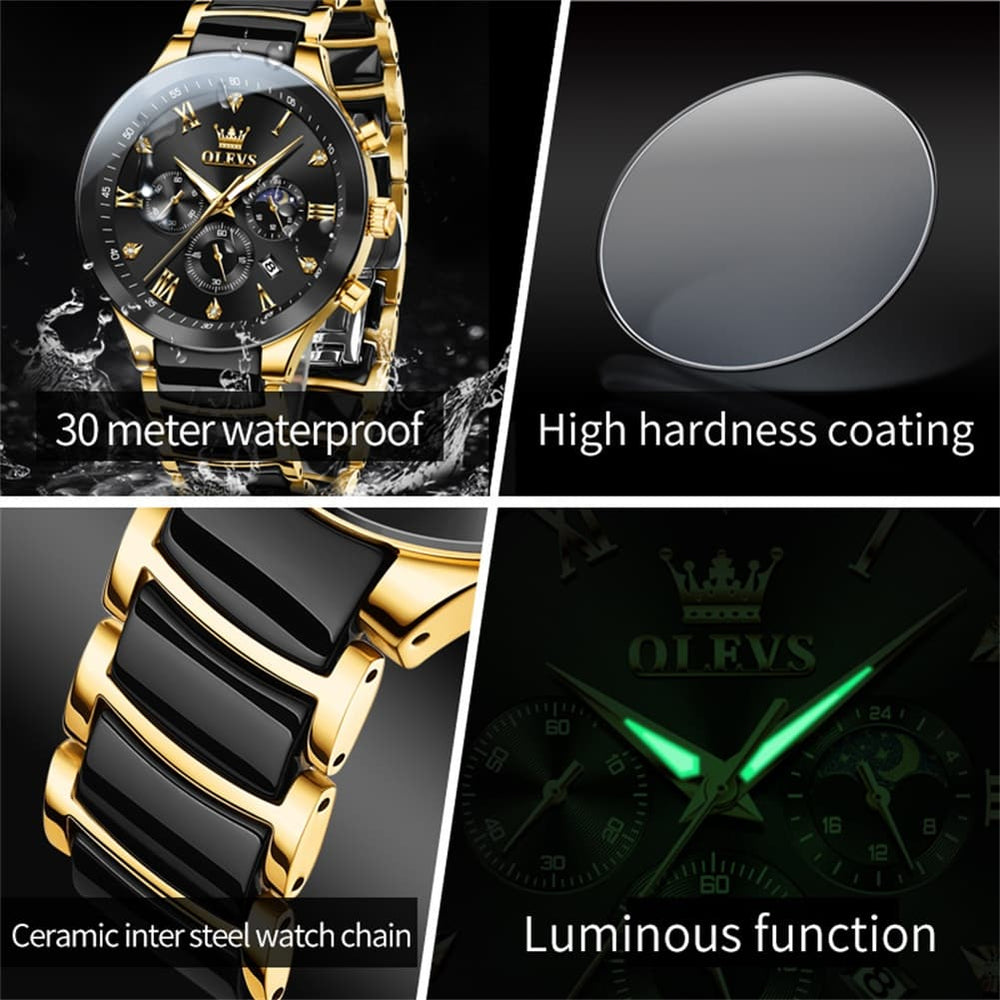 OLEVS 7004 Moon Phase Chronograph Watch Ceramic Link Bracelet Quartz Luxury Timepiece for Men - Olevs Watch Store