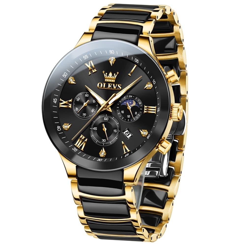 OLEVS 7004 Moon Phase Chronograph Watch Ceramic Link Bracelet Quartz Luxury Timepiece for Men - Olevs Watch Store