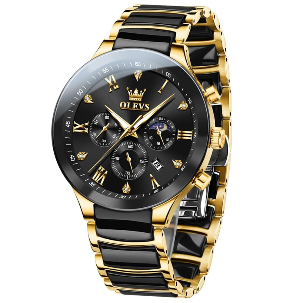 OLEVS 7004 Moon Phase Chronograph Watch Ceramic Link Bracelet Quartz Luxury Timepiece for Men - Olevs Watch Store