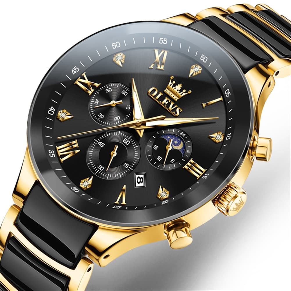 OLEVS 7004 Moon Phase Chronograph Watch Ceramic Link Bracelet Quartz Luxury Timepiece for Men - Olevs Watch Store