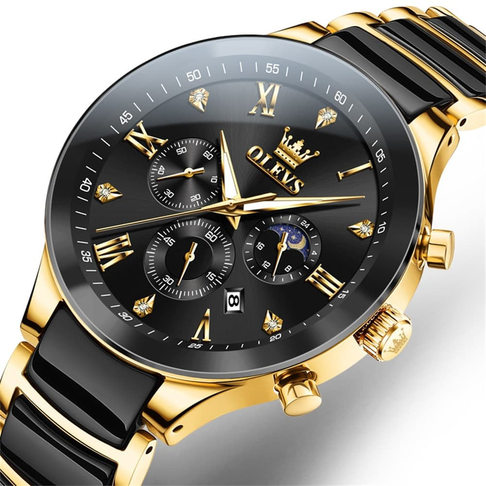OLEVS 7004 Moon Phase Chronograph Watch Ceramic Link Bracelet Quartz Luxury Timepiece for Men - Olevs Watch Store