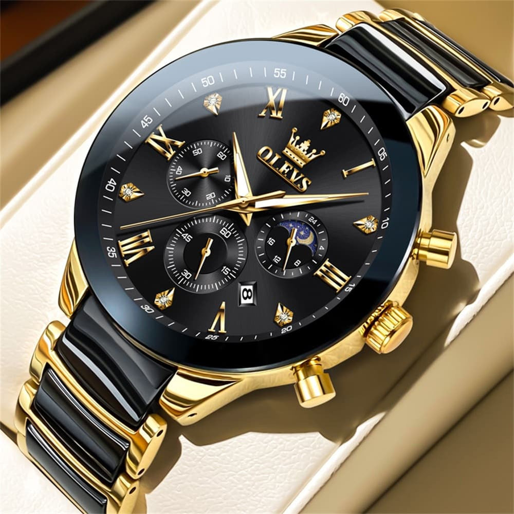 OLEVS 7004 Moon Phase Chronograph Watch Ceramic Link Bracelet Quartz Luxury Timepiece for Men - Olevs Watch Store