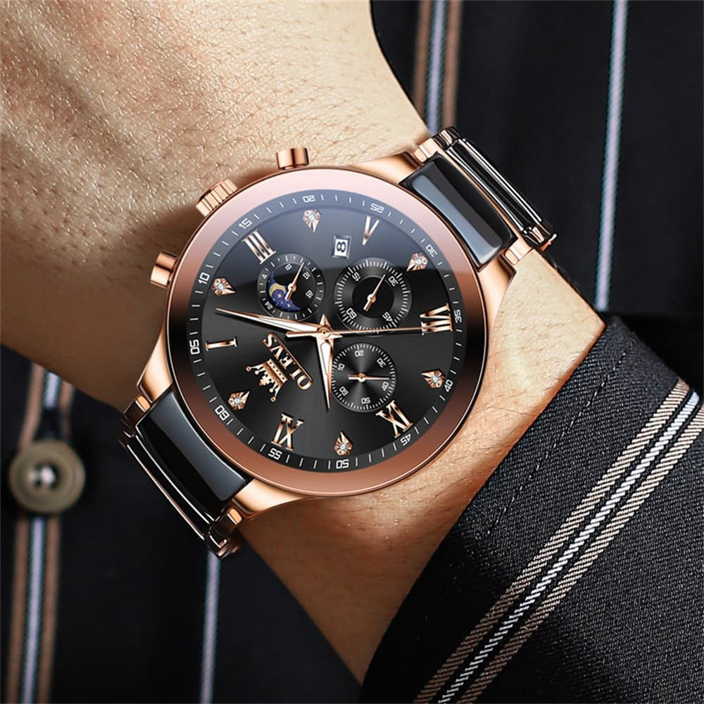 OLEVS 7004 Moon Phase Chronograph Watch Ceramic Link Bracelet Quartz Luxury Timepiece for Men - Olevs Watch Store