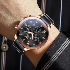 OLEVS 7004 Moon Phase Chronograph Watch Ceramic Link Bracelet Quartz Luxury Timepiece for Men - Olevs Watch Store