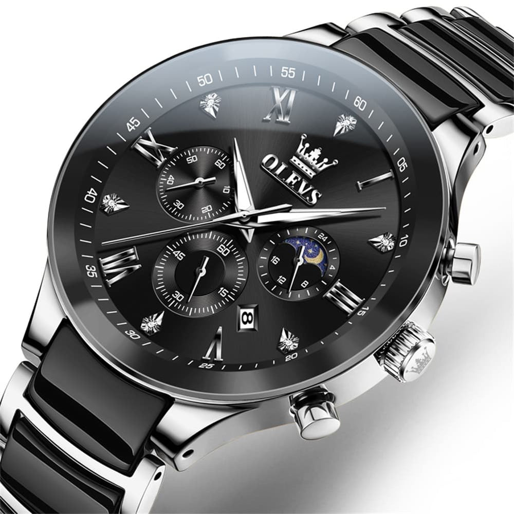 OLEVS 7004 Moon Phase Chronograph Watch Ceramic Link Bracelet Quartz Luxury Timepiece for Men - Olevs Watch Store