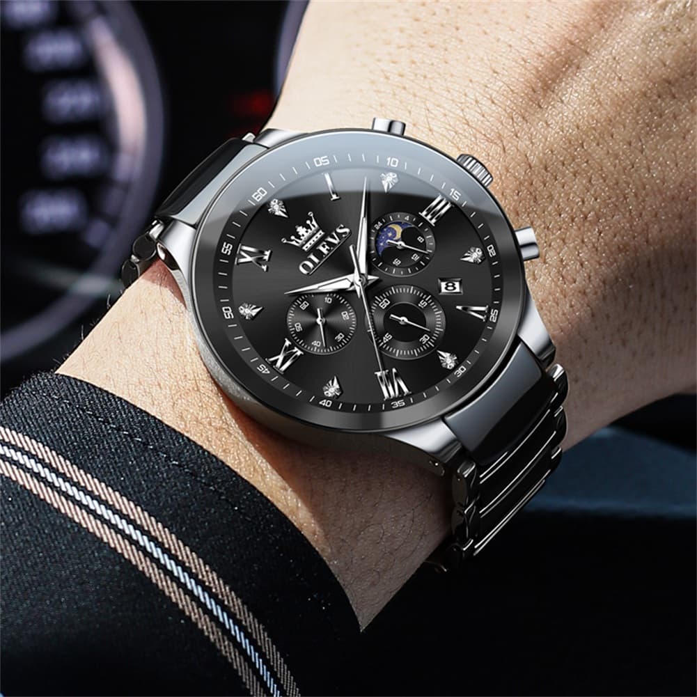 OLEVS 7004 Moon Phase Chronograph Watch Ceramic Link Bracelet Quartz Luxury Timepiece for Men - Olevs Watch Store