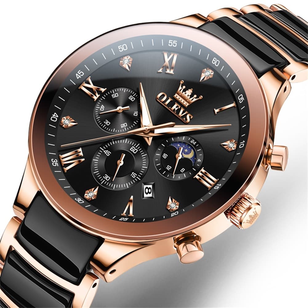 OLEVS 7004 Moon Phase Chronograph Watch Ceramic Link Bracelet Quartz Luxury Timepiece for Men - Olevs Watch Store