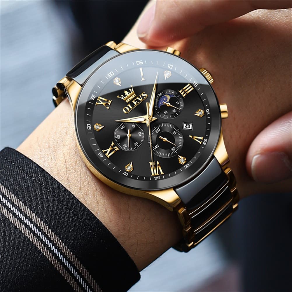 OLEVS 7004 Moon Phase Chronograph Watch Ceramic Link Bracelet Quartz Luxury Timepiece for Men - Olevs Watch Store