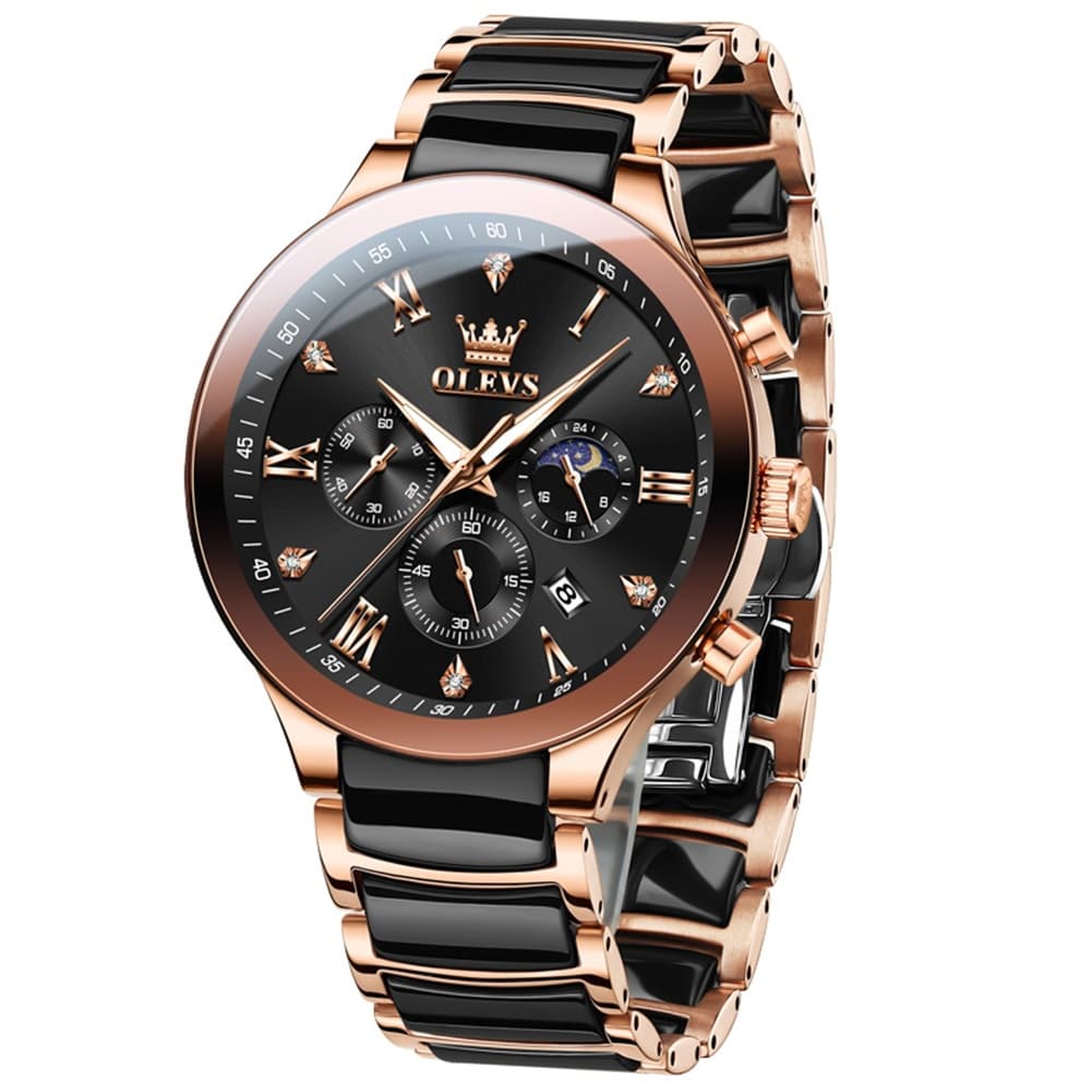 OLEVS 7004 Moon Phase Chronograph Watch Ceramic Link Bracelet Quartz Luxury Timepiece for Men - Olevs Watch Store