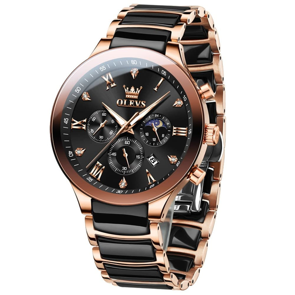 OLEVS 7004 Moon Phase Chronograph Watch Ceramic Link Bracelet Quartz Luxury Timepiece for Men - Olevs Watch Store