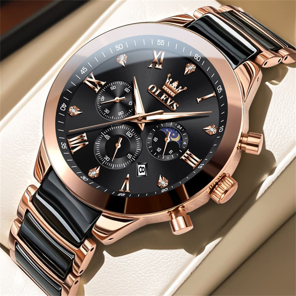 OLEVS 7004 Moon Phase Chronograph Watch Ceramic Link Bracelet Quartz Luxury Timepiece for Men - Olevs Watch Store