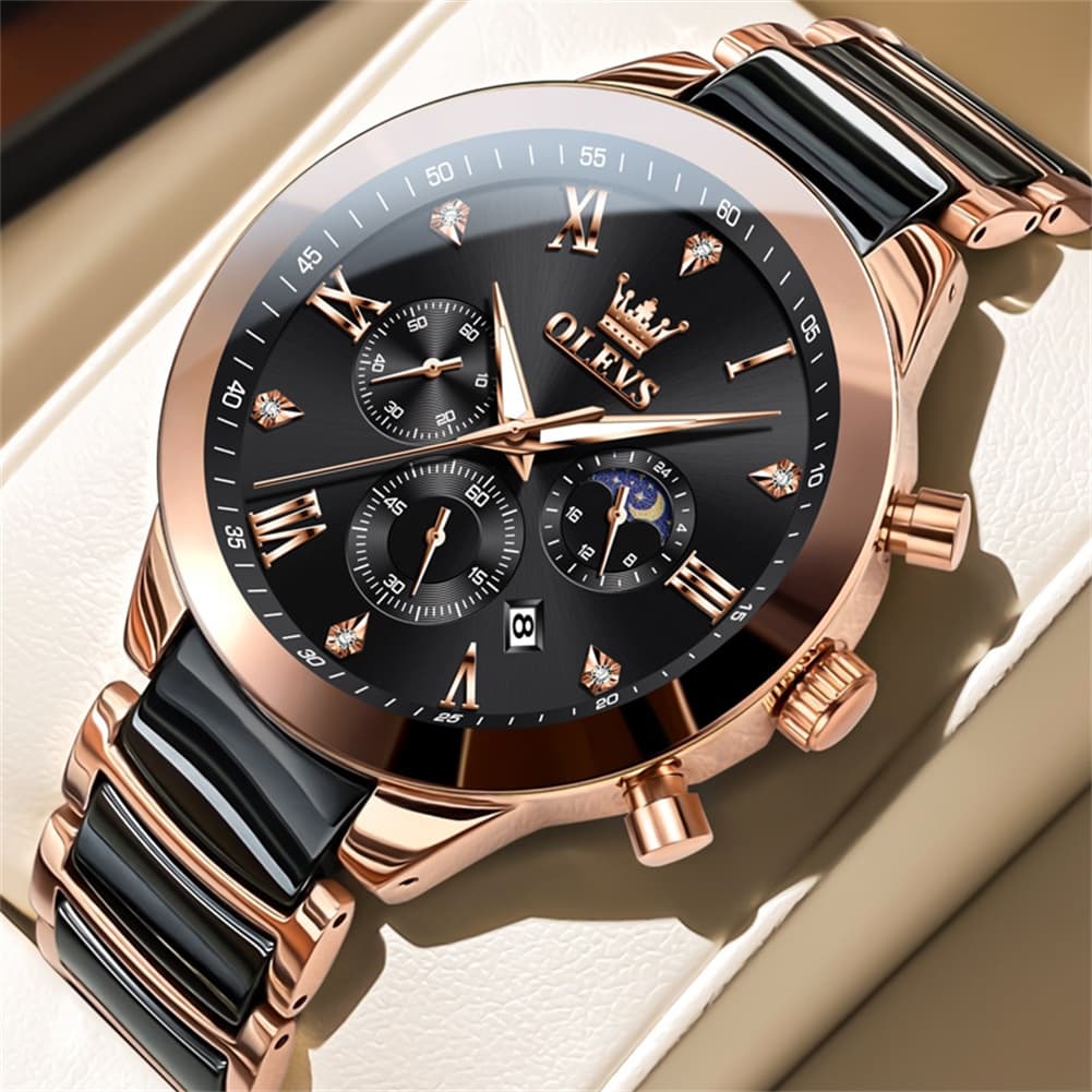 OLEVS 7004 Moon Phase Chronograph Watch Ceramic Link Bracelet Quartz Luxury Timepiece for Men - Olevs Watch Store