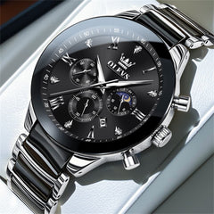 OLEVS 7004 Moon Phase Chronograph Watch Ceramic Link Bracelet Quartz Luxury Timepiece for Men - Olevs Watch Store