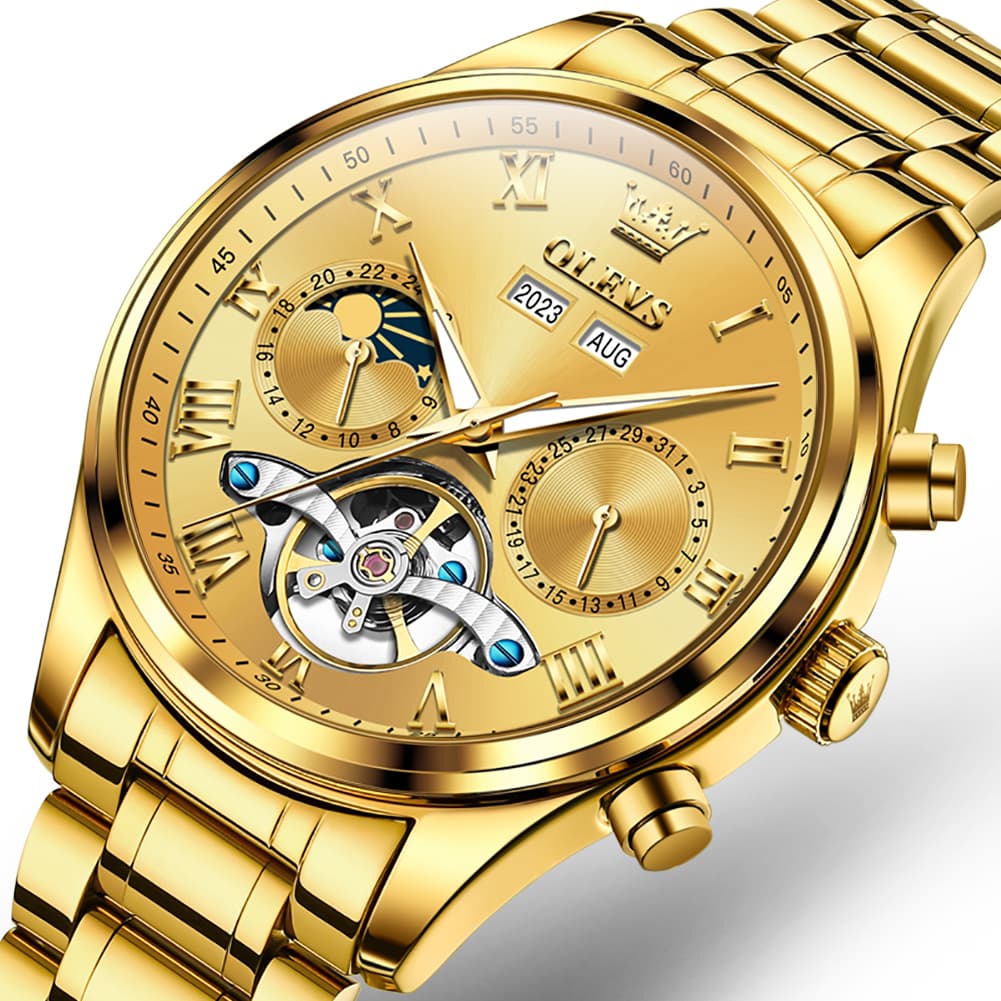 OLEVS 7005 Multi Function Skeleton Mechanical Watch for Men - All Gold Watch | Olevs Watch Store