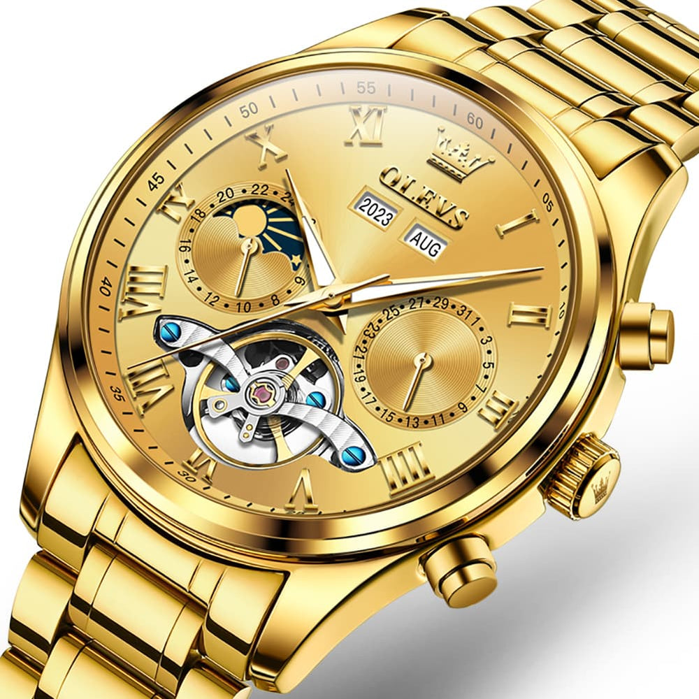 OLEVS 7005 Multi Function Skeleton Mechanical Watch for Men - All Gold Watch | Olevs Watch Store