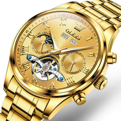 OLEVS 7005 Multi Function Skeleton Mechanical Watch for Men - All Gold Watch | Olevs Watch Store