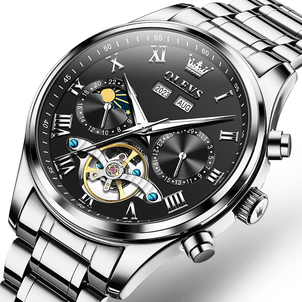 OLEVS 7005 Multi Function Skeleton Mechanical Watch for Men - Silver Black Watch | Olevs Watch Store