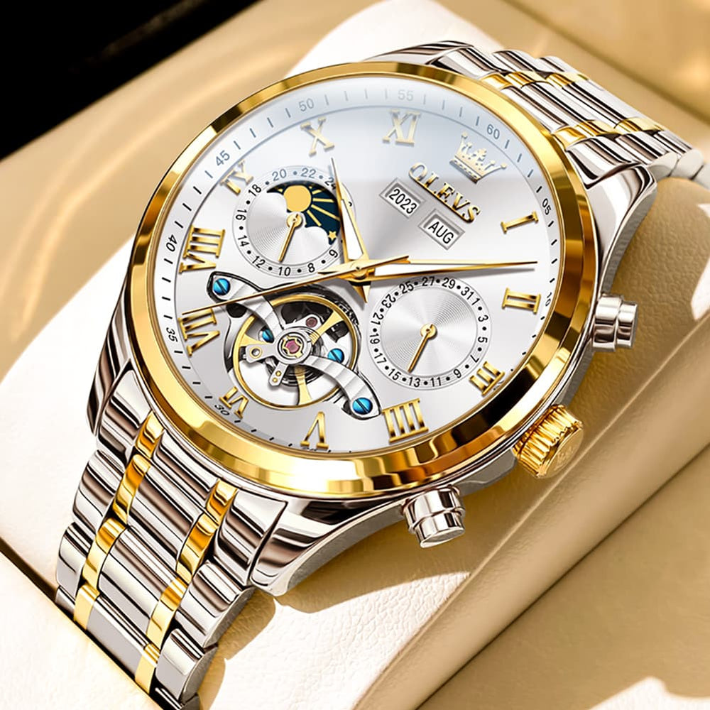 OLEVS 7005 Multi Function Skeleton Mechanical Watch for Men - Silver White Watch | Olevs Watch Store