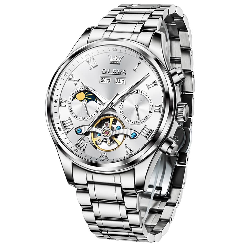 OLEVS 7005 Multi Function Skeleton Mechanical Watch for Men - Silver White Watch | Olevs Watch Store