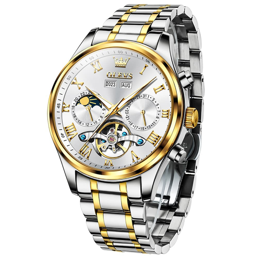OLEVS 7005 Multi Function Skeleton Mechanical Watch for Men - Silver White Watch | Olevs Watch Store