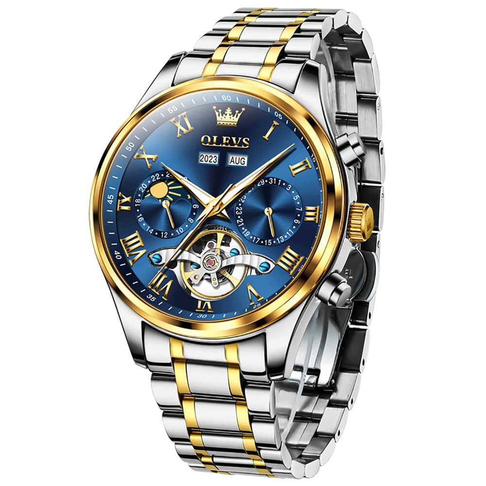 OLEVS 7005 Multi Function Skeleton Mechanical Watch for Men - Silver White Watch | Olevs Watch Store