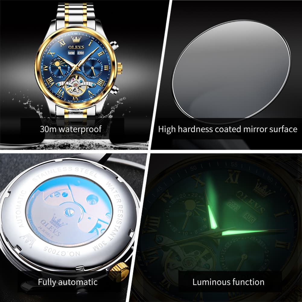 OLEVS 7005 Multi Function Skeleton Mechanical Watch for Men - Silver White Watch | Olevs Watch Store