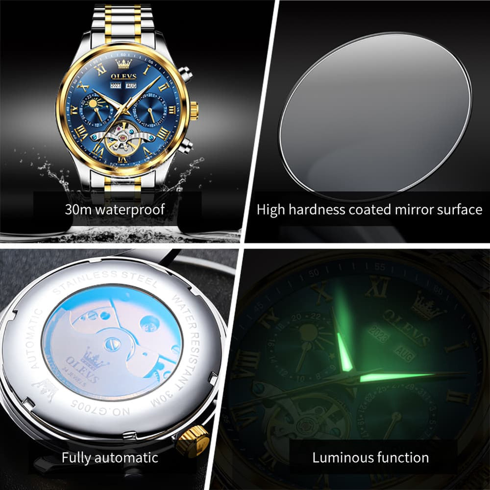 OLEVS 7005 Multi Function Skeleton Mechanical Watch for Men - Silver White Watch | Olevs Watch Store