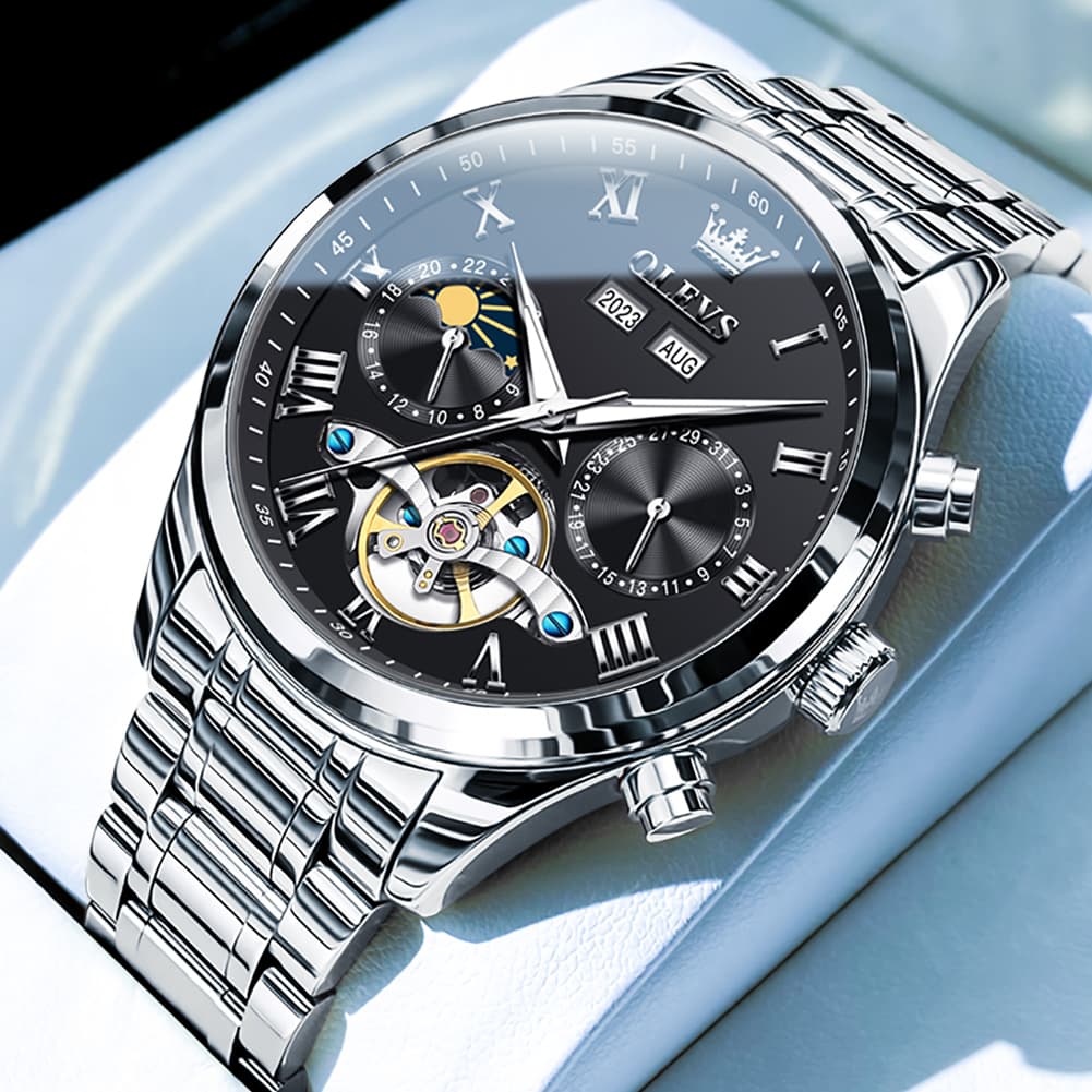 OLEVS 7005 Multi Function Skeleton Mechanical Watch for Men - Silver White Watch | Olevs Watch Store