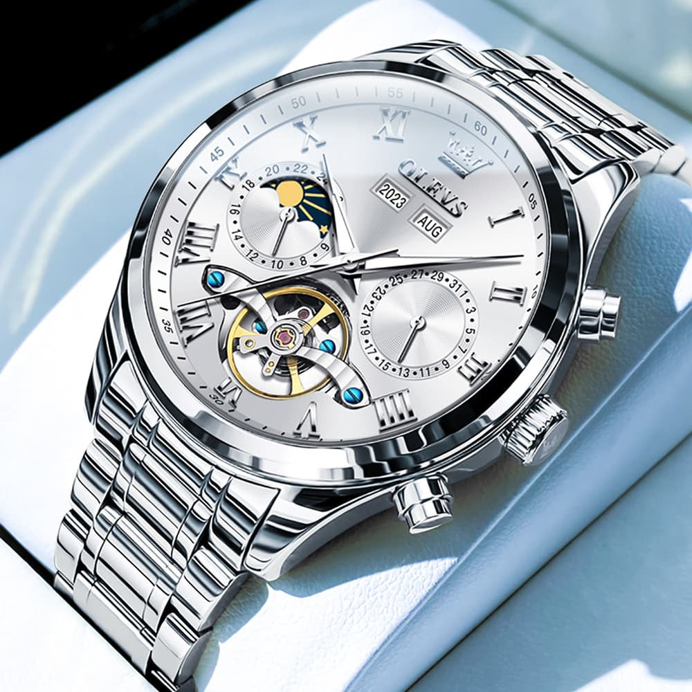 OLEVS 7005 Multi Function Skeleton Mechanical Watch for Men - Silver White Watch | Olevs Watch Store