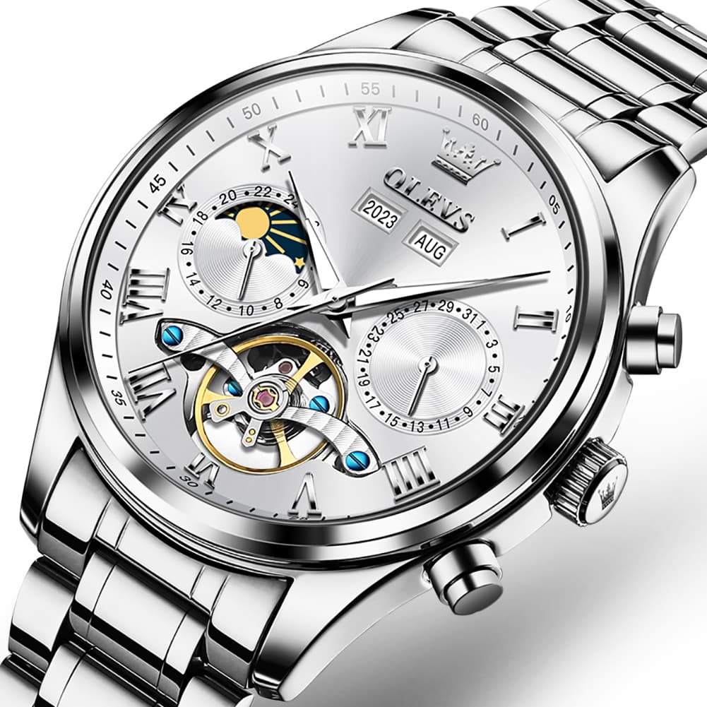 OLEVS 7005 Multi Function Skeleton Mechanical Watch for Men - Silver White Watch | Olevs Watch Store