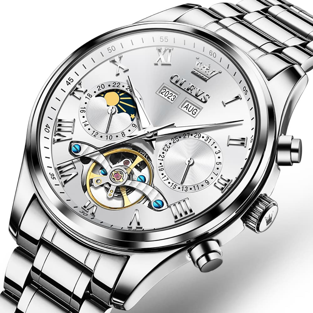 OLEVS 7005 Multi Function Skeleton Mechanical Watch for Men - Silver White Watch | Olevs Watch Store
