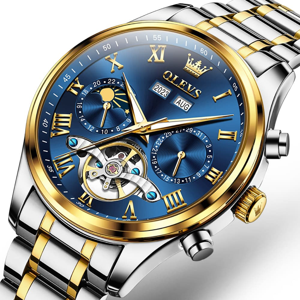 OLEVS 7005 Multi Function Skeleton Mechanical Watch for Men - Silver White Watch | Olevs Watch Store