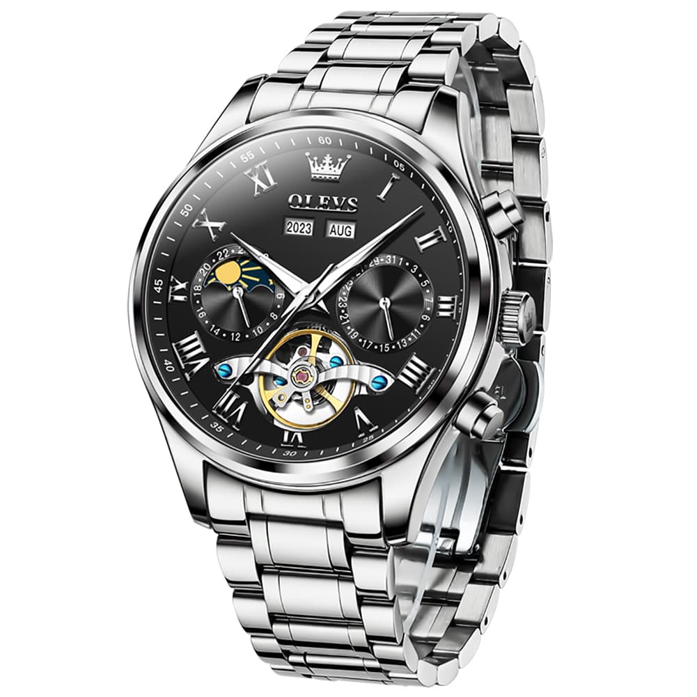 OLEVS 7005 Multi Function Skeleton Mechanical Watch for Men - Silver White Watch | Olevs Watch Store