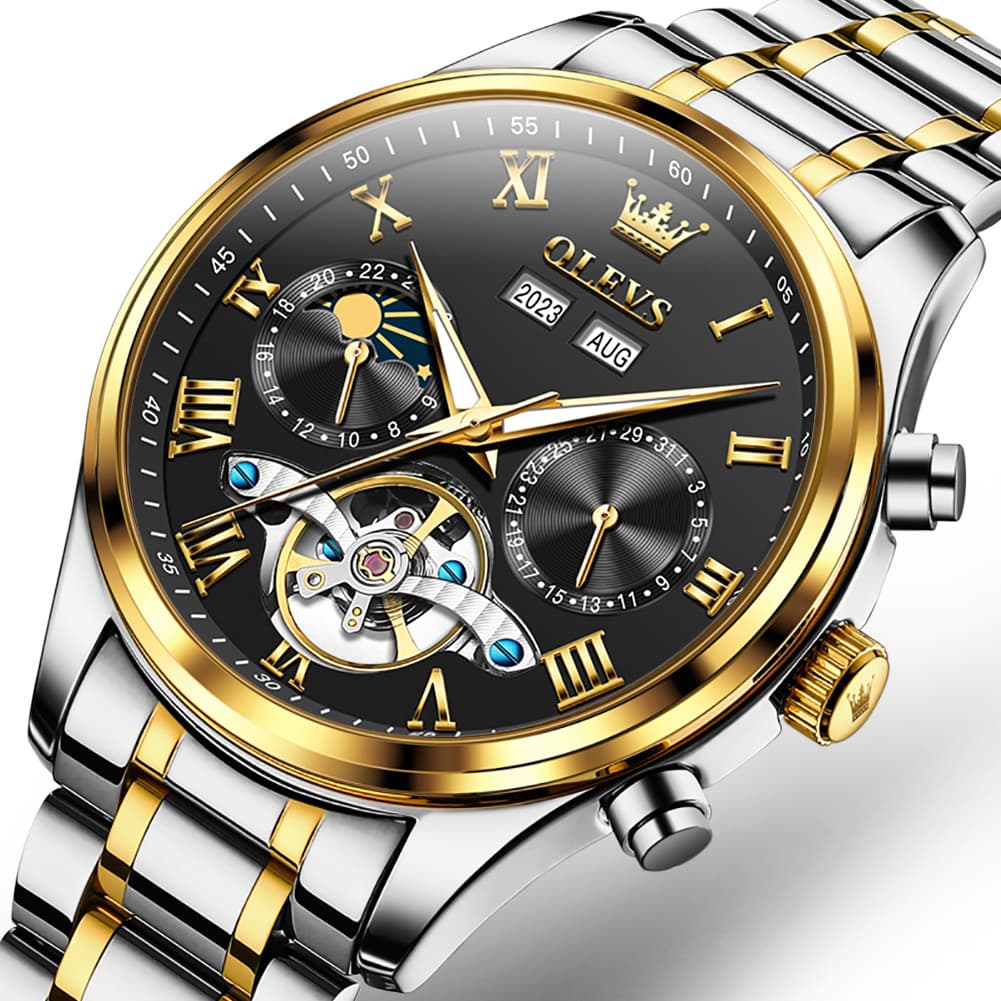 OLEVS 7005 Multi Function Skeleton Mechanical Watch for Men - Two Tone Black Watch | Olevs Watch Store