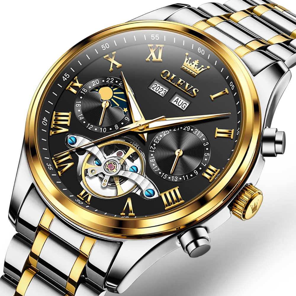 OLEVS 7005 Multi Function Skeleton Mechanical Watch for Men - Two Tone Black Watch | Olevs Watch Store