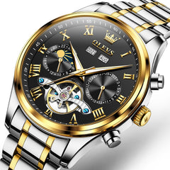 OLEVS 7005 Multi Function Skeleton Mechanical Watch for Men - Two Tone Black Watch | Olevs Watch Store