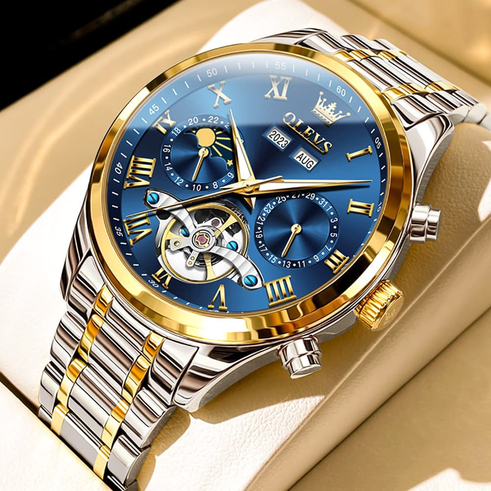 OLEVS 7005 Multi Function Skeleton Mechanical Watch for Men - Two Tone Blue Watch | Olevs Watch Store