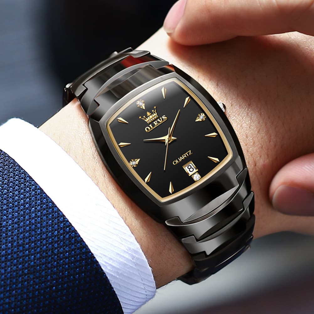 OLEVS 7006 Tungsten Steel Watch Tonneau Case Couple Diamond Accent Quartz Luxury Timepiece for Men and Women - Olevs Store