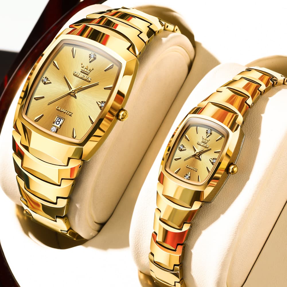 OLEVS 7006 Tungsten Steel Watch Tonneau Case Couple Diamond Accent Quartz Luxury Timepiece for Men and Women - Olevs Store