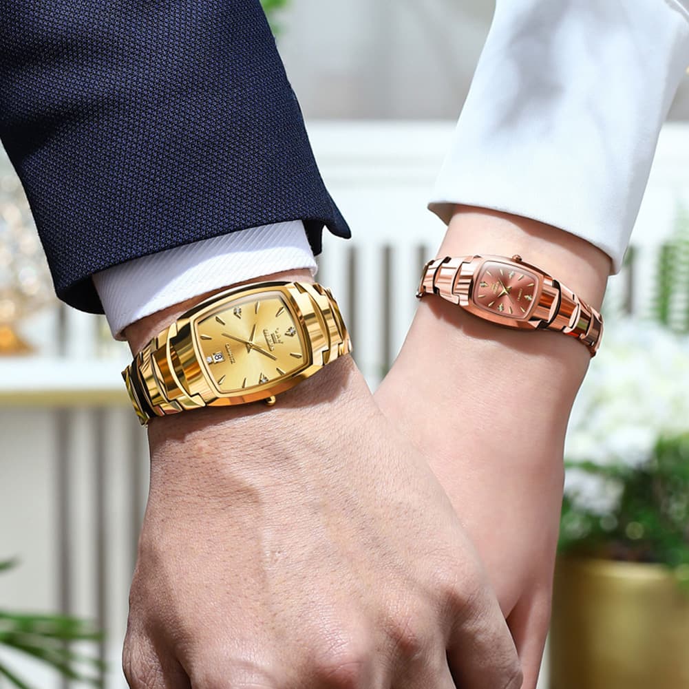 OLEVS 7006 Tungsten Steel Watch Tonneau Case Couple Diamond Accent Quartz Luxury Timepiece for Men and Women - Olevs Store