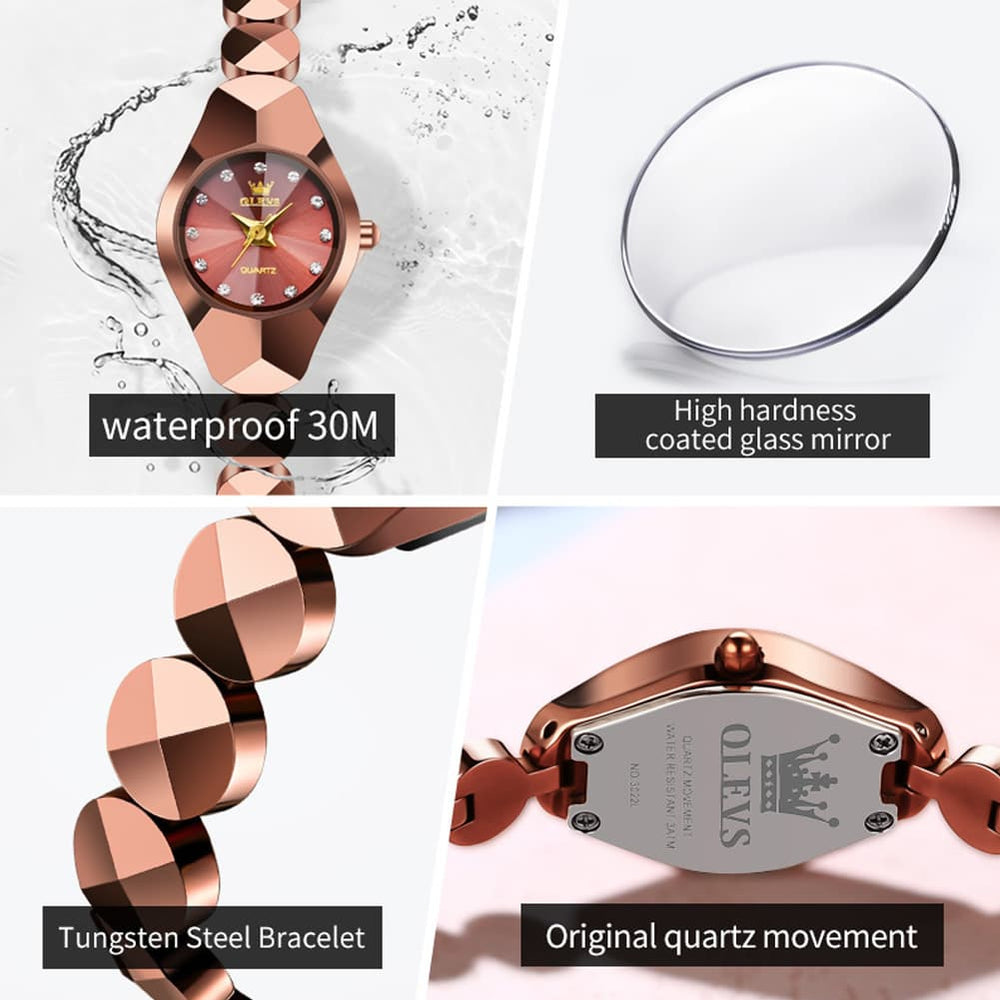 OLEVS 7007 Tungsten Steel Watch Dainty Faceted Bracelet Diamond Accent Quartz Luxury Timepiece for Women - Olevs Watch Store