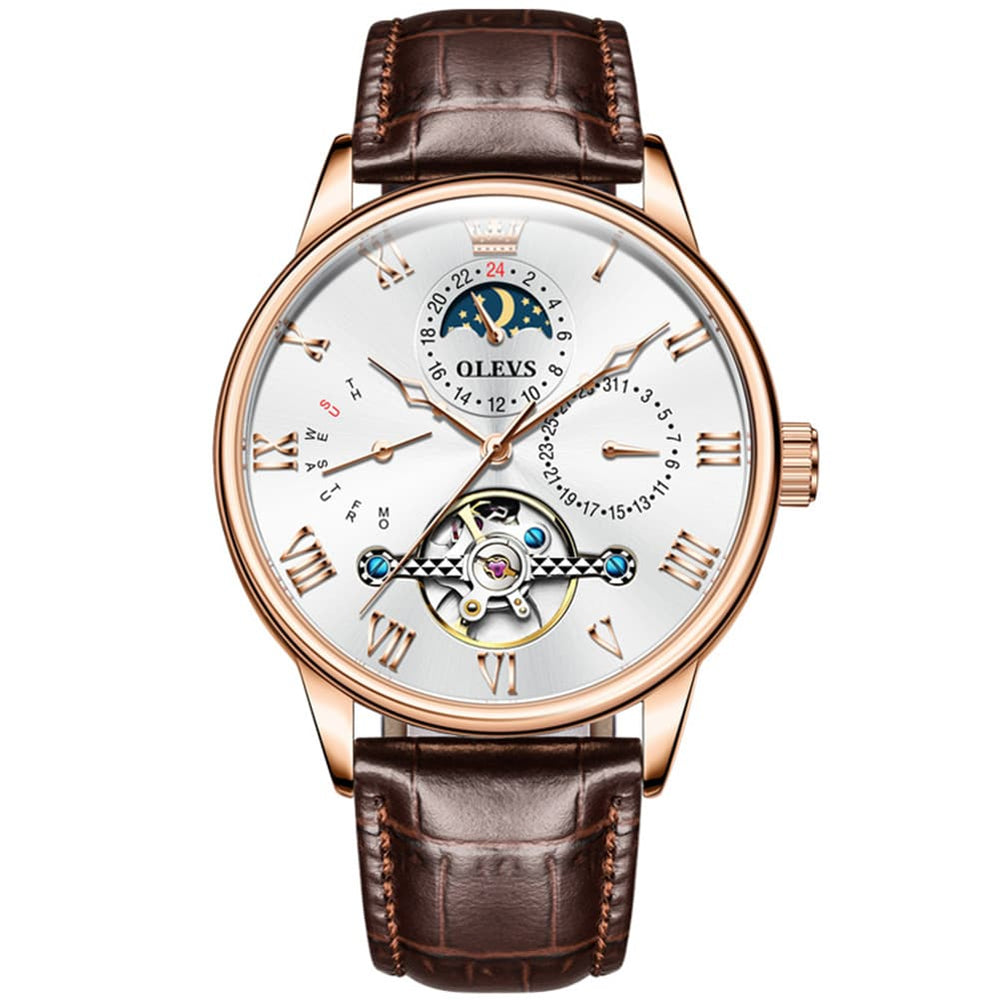OLEVS 7009 Sun and Moon Skeleton Mechanical Watch for Men - Silver Black Steel Watch | Olevs Watch Store