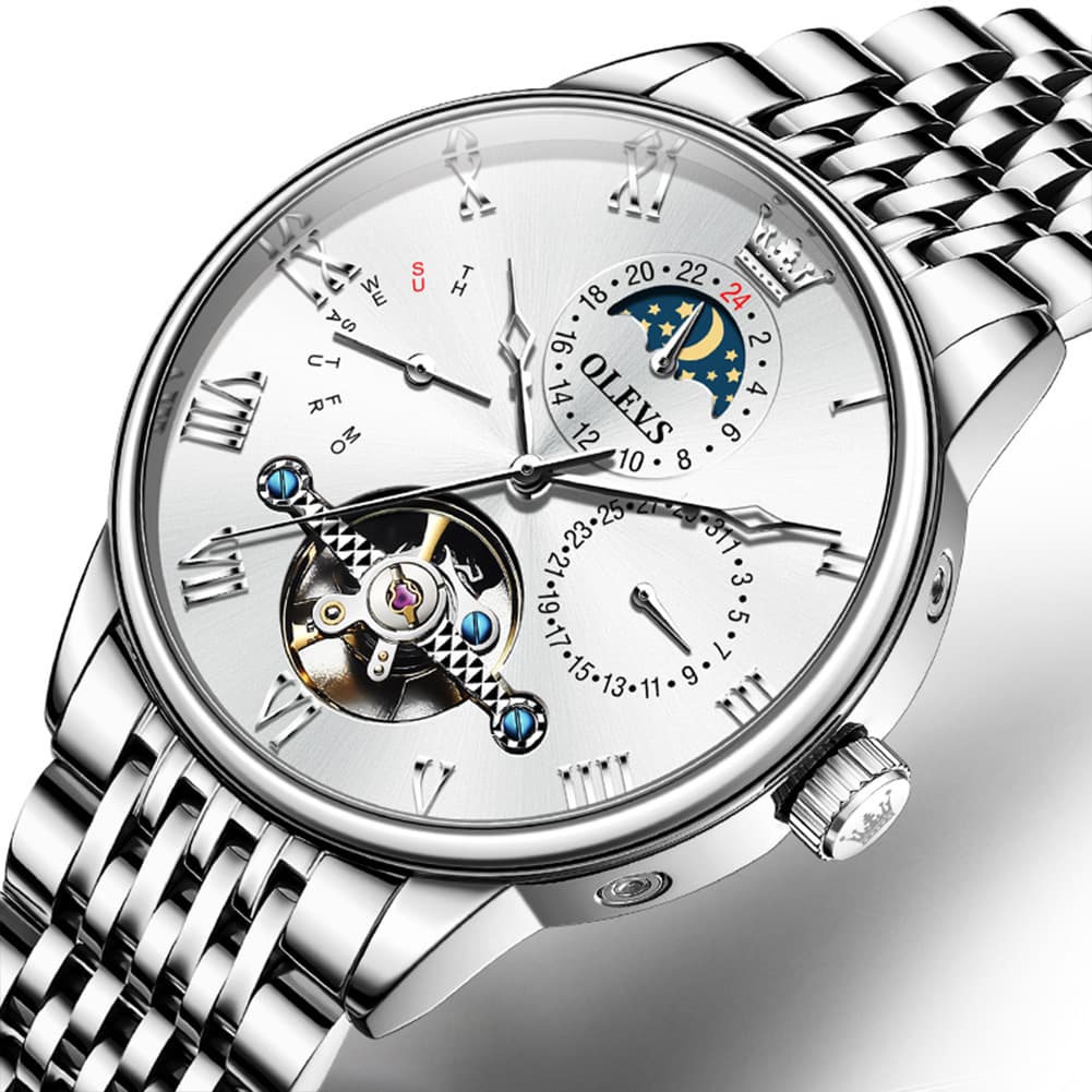 OLEVS 7009 Sun and Moon Skeleton Mechanical Watch for Men - Silver Black Steel Watch | Olevs Watch Store