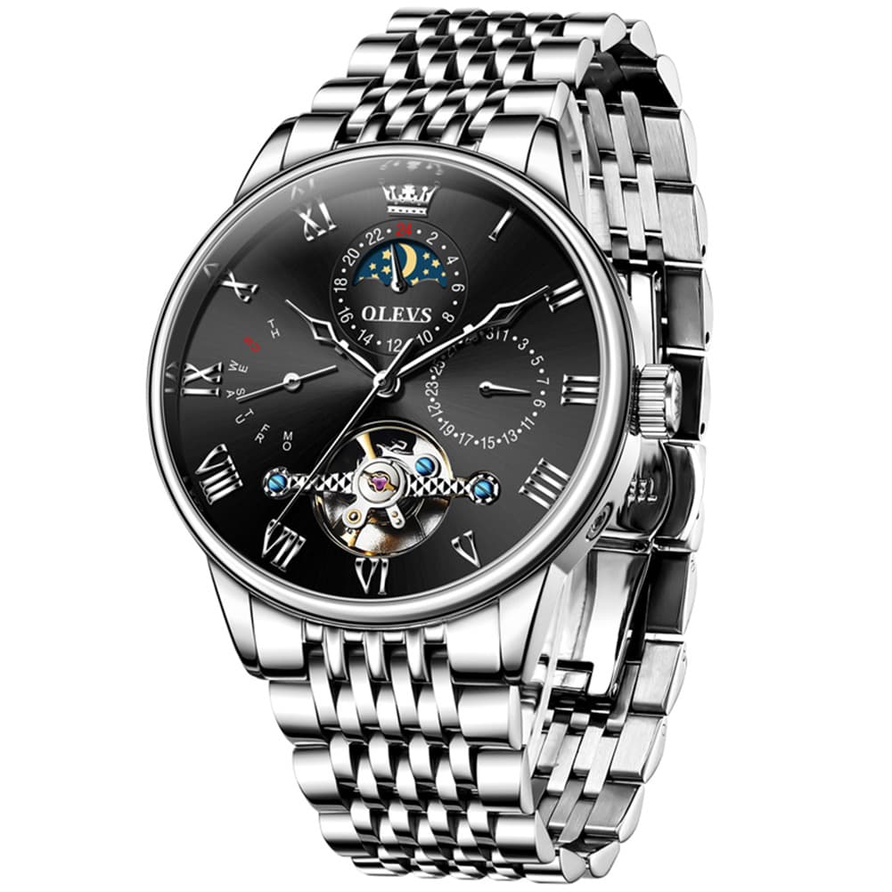 OLEVS 7009 Sun and Moon Skeleton Mechanical Watch for Men - Silver Black Steel Watch | Olevs Watch Store