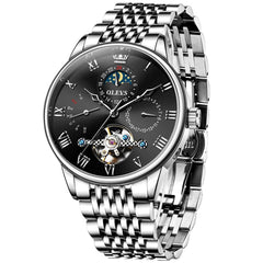 OLEVS 7009 Sun and Moon Skeleton Mechanical Watch for Men - Silver Black Steel Watch | Olevs Watch Store