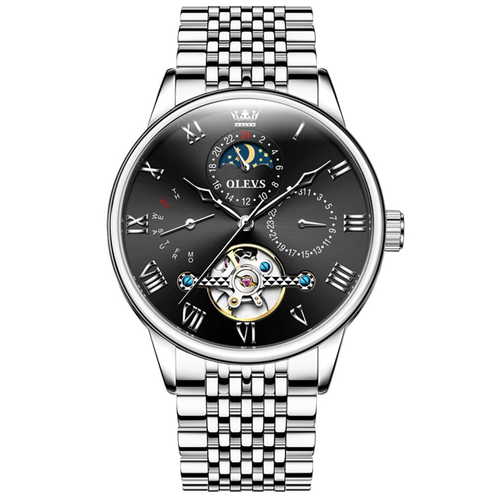 OLEVS 7009 Sun and Moon Skeleton Mechanical Watch for Men - Silver Black Steel Watch | Olevs Watch Store