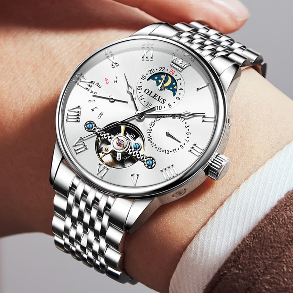 OLEVS 7009 Sun and Moon Skeleton Mechanical Watch for Men - Silver Black Steel Watch | Olevs Watch Store