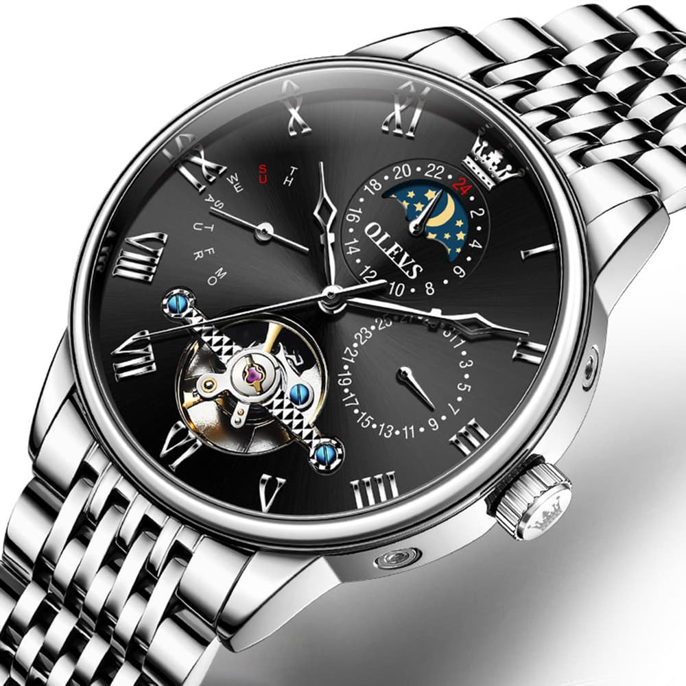 OLEVS 7009 Sun and Moon Skeleton Mechanical Watch for Men - Silver Black Steel Watch | Olevs Watch Store